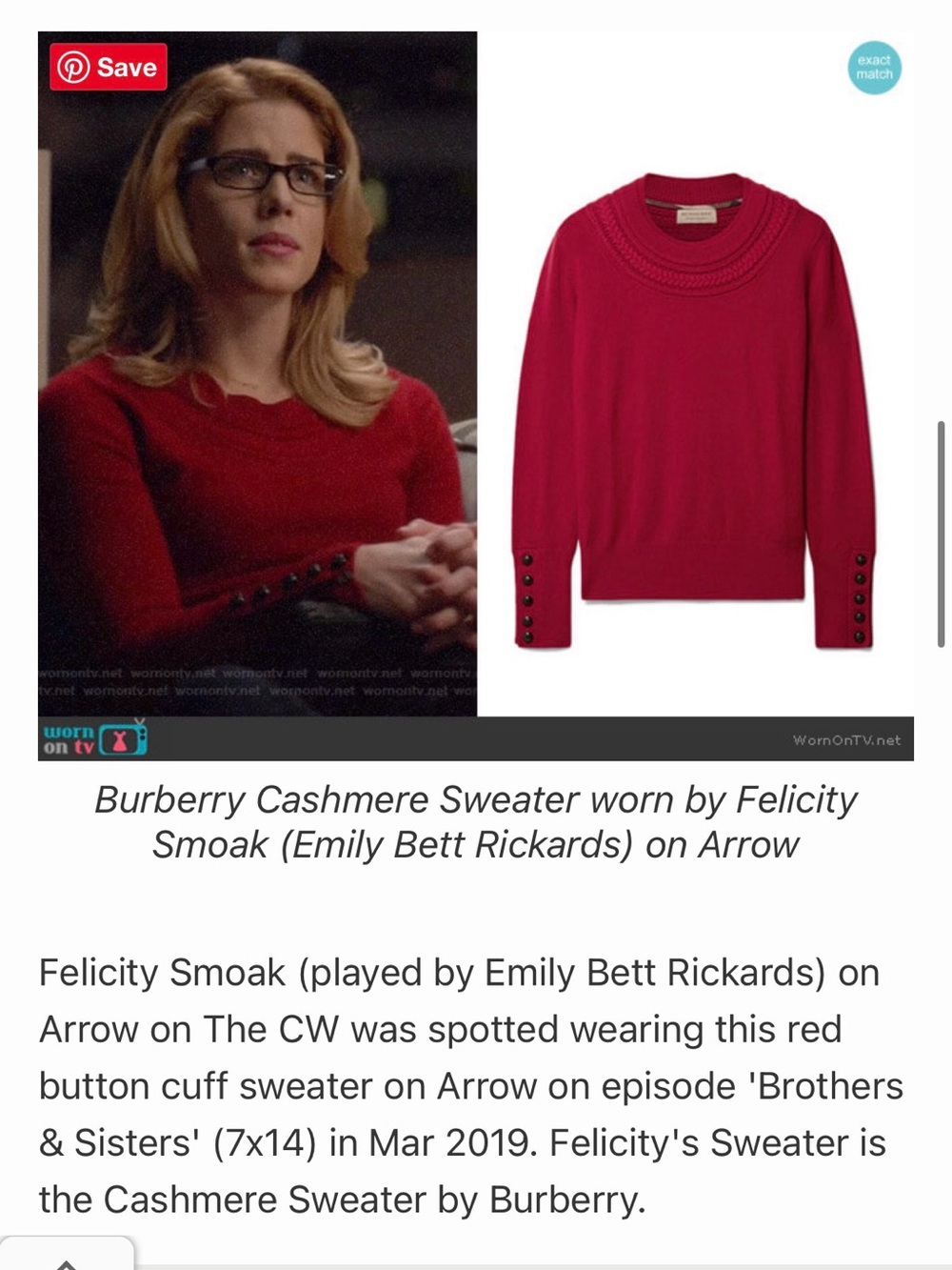 ASO TV Series “Arrow” - Burberry Red Cashmere Sweater with Buttons- Med